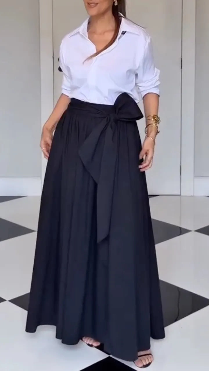 Collared Shirt and Bow Maxi Skirt Set, view 2