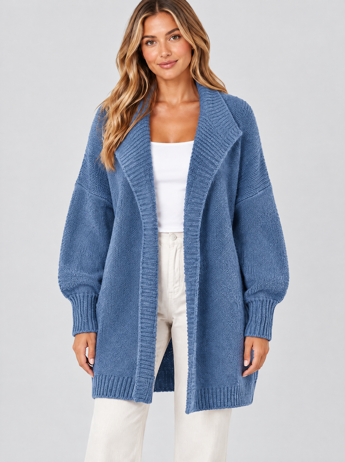 Color block knit cardigan in blue on a model