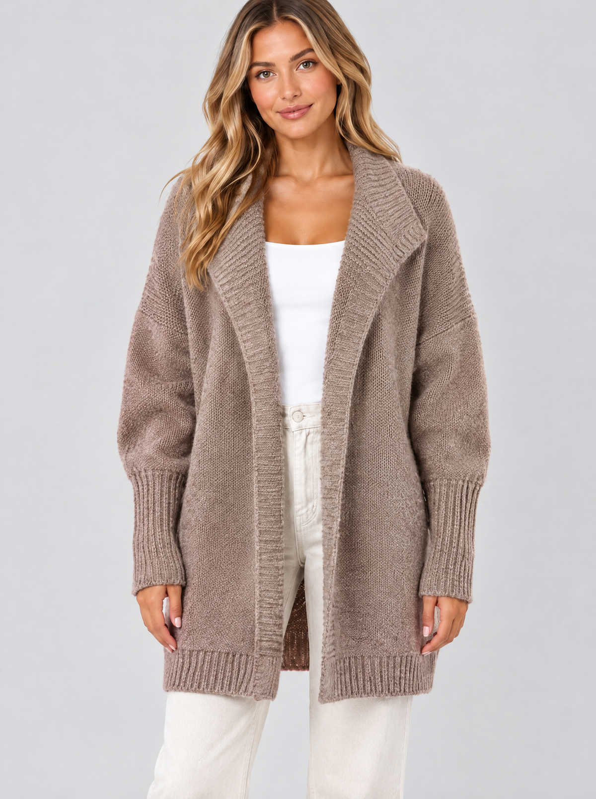 Color block knit cardigan in camel on a model