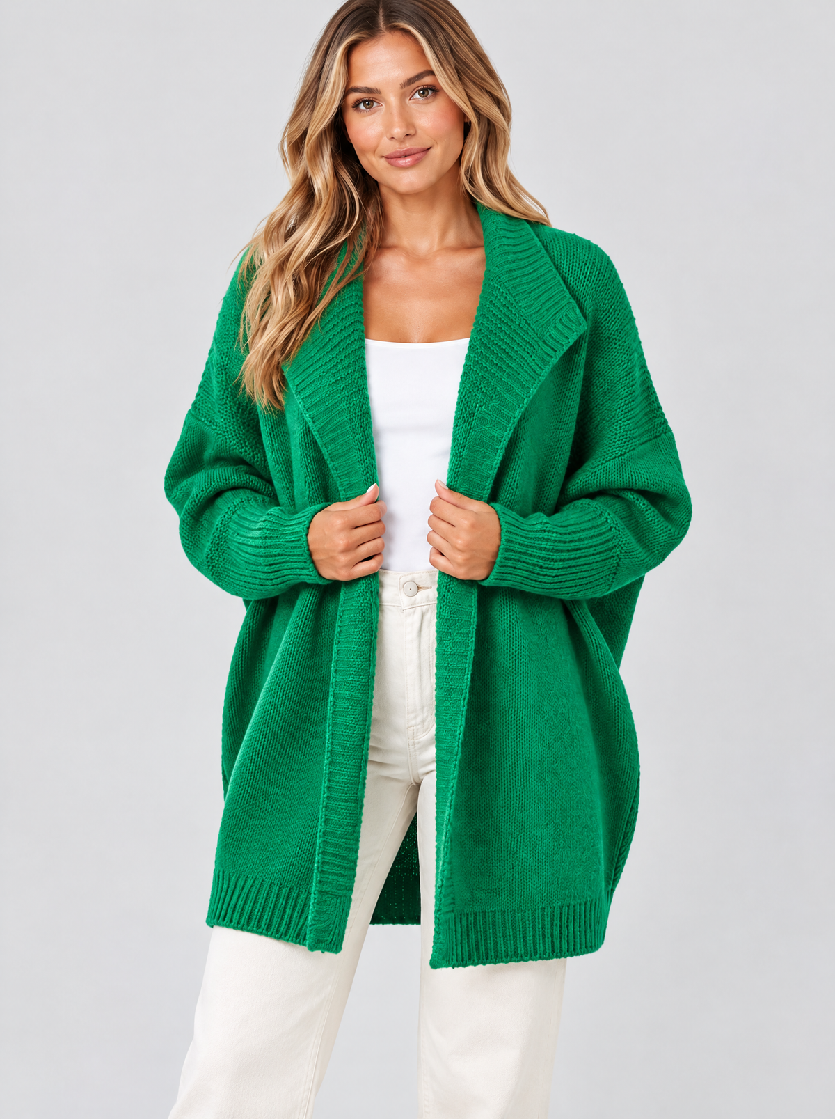 Color block knit cardigan in grass green on a model