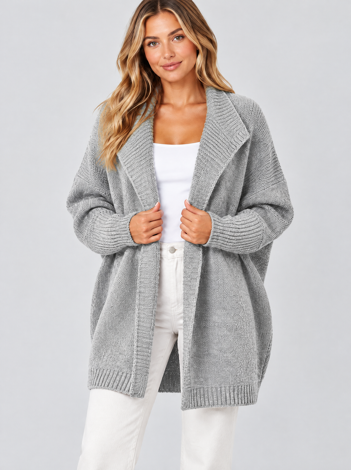 Color block knit cardigan in grey on a model