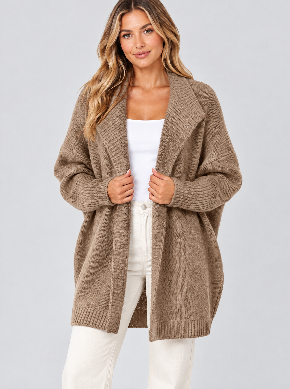 Color block knit cardigan in khaki on a model