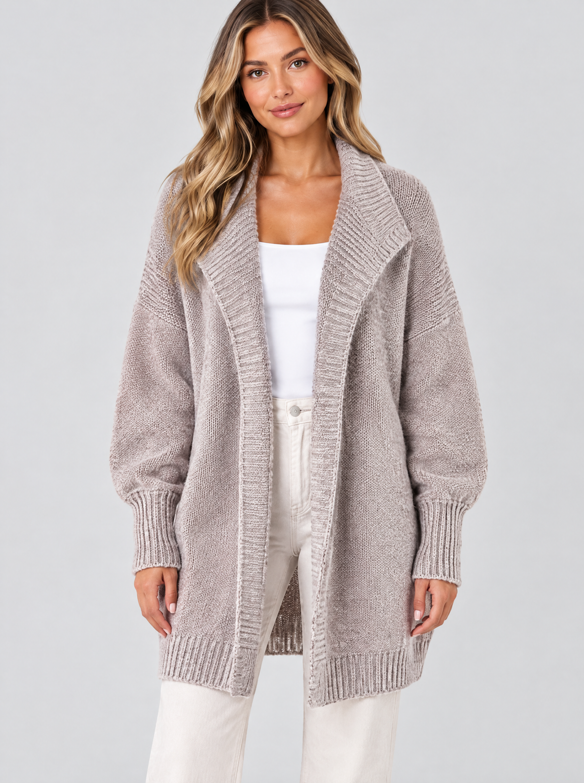 Color block knit cardigan in light khaki on a model