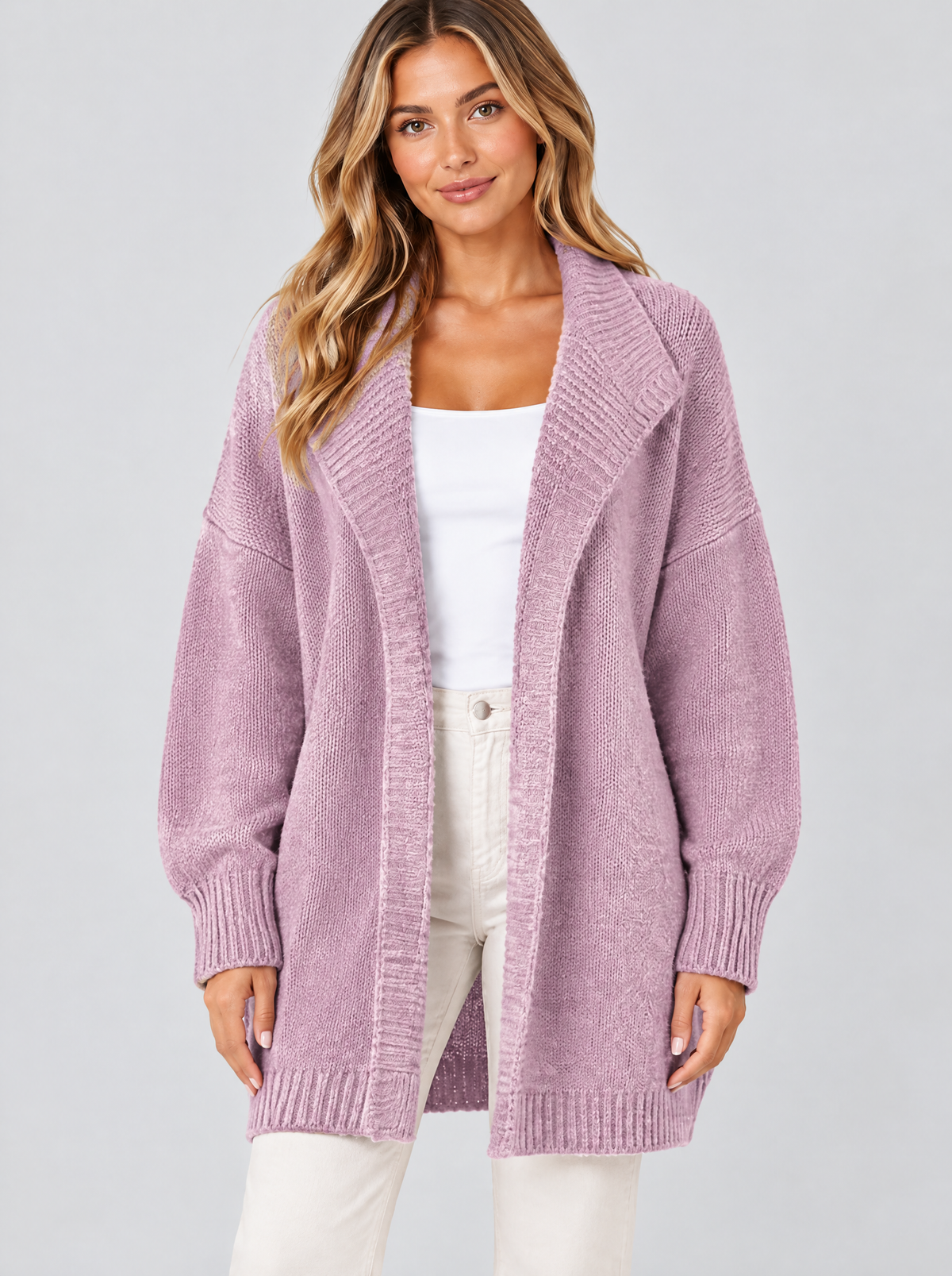 Color block knit cardigan in pink on a model