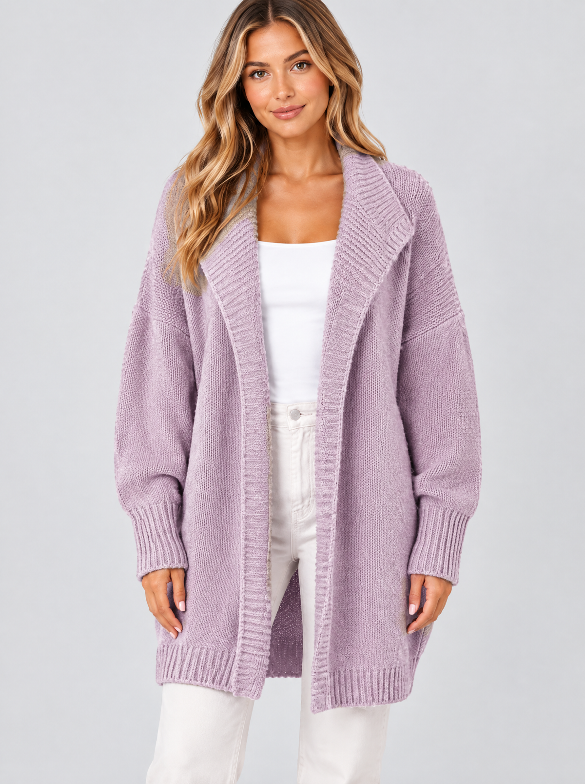 Color block knit cardigan in purple on a model