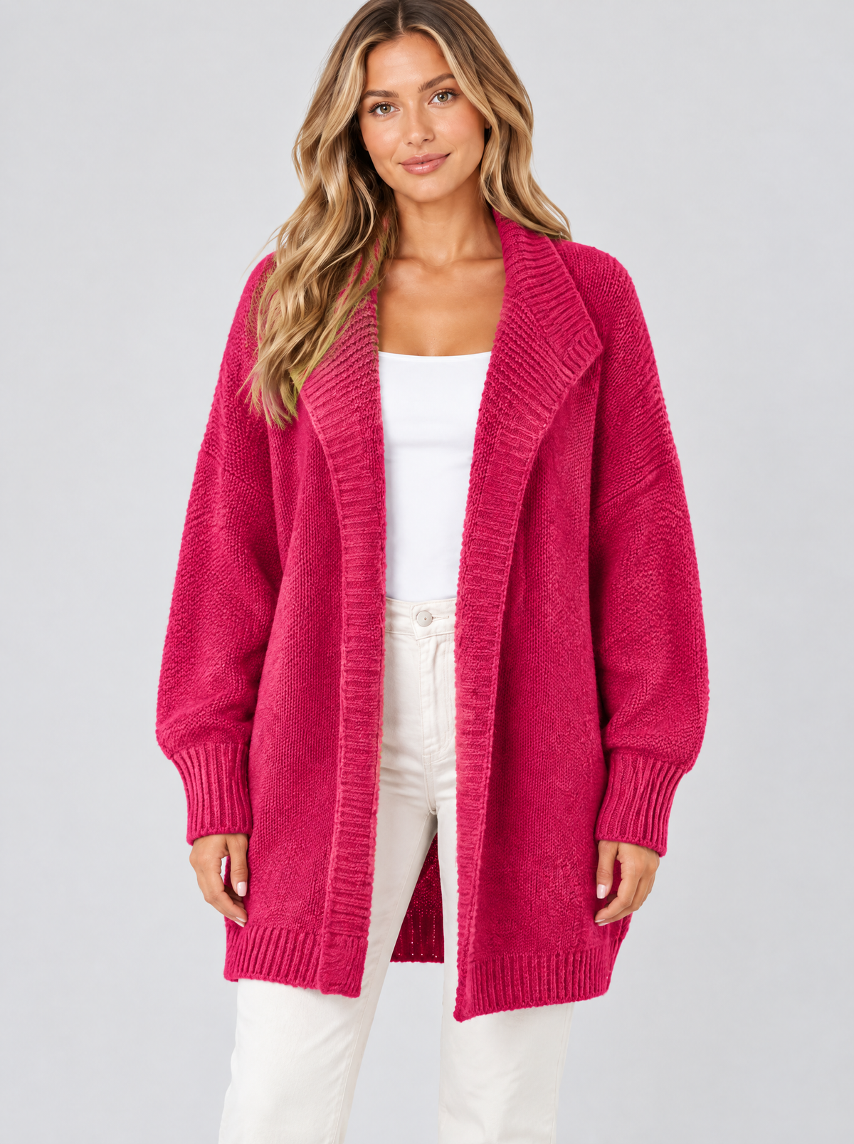 Color block knit cardigan in red on a model