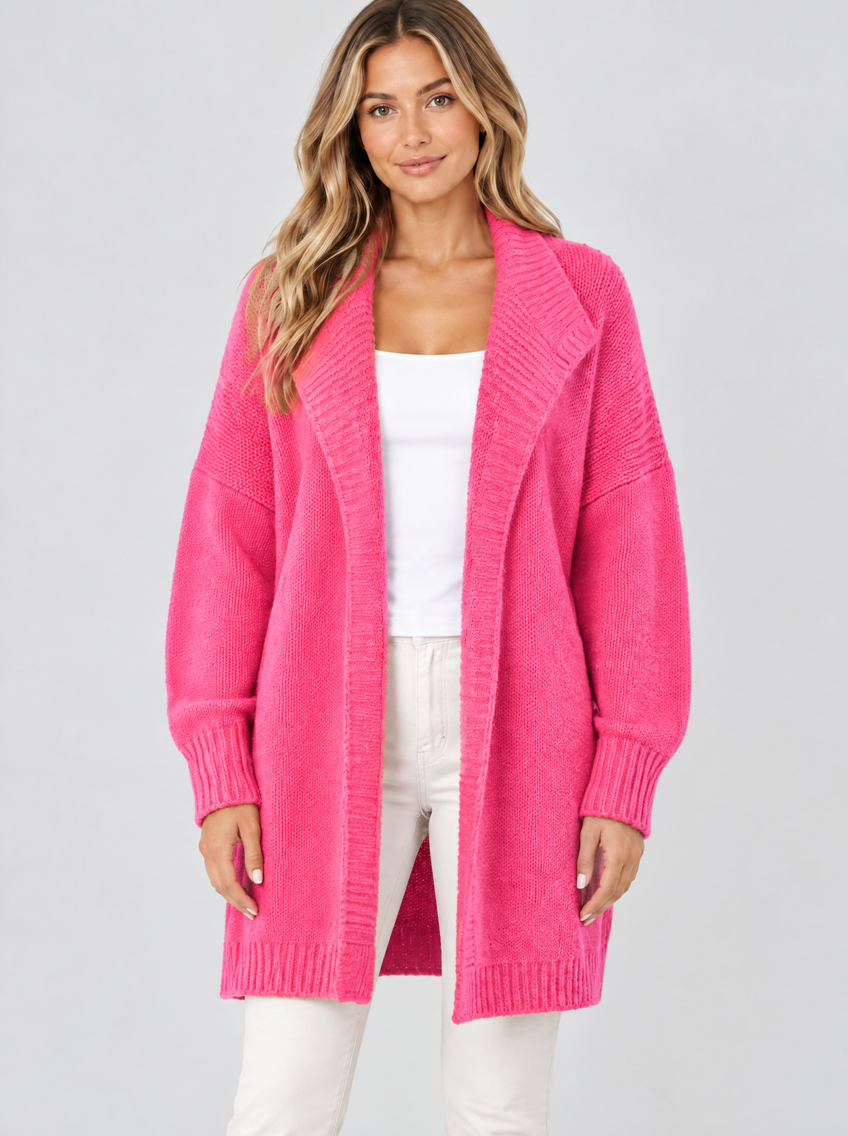 Color block knit cardigan in rose on a model