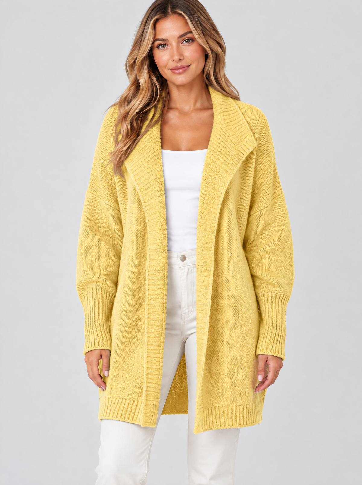 Color block knit cardigan in yellow on a model