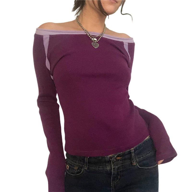Contrast Trim Off Shoulder Long Sleeve Tee, view 2