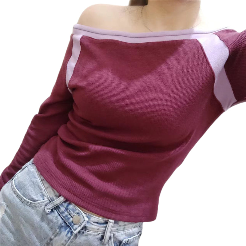 Contrast Trim Off Shoulder Long Sleeve Tee, view 3