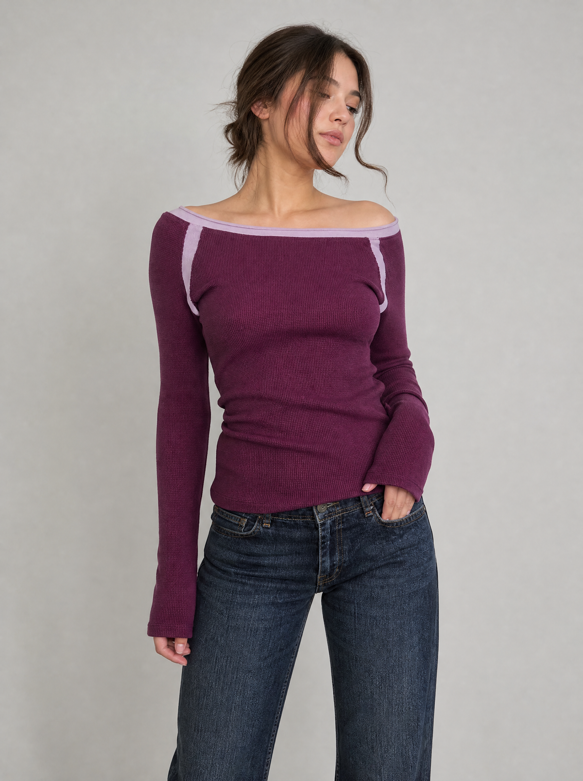 Contrast Trim Off Shoulder Long Sleeve Tee, main photo
