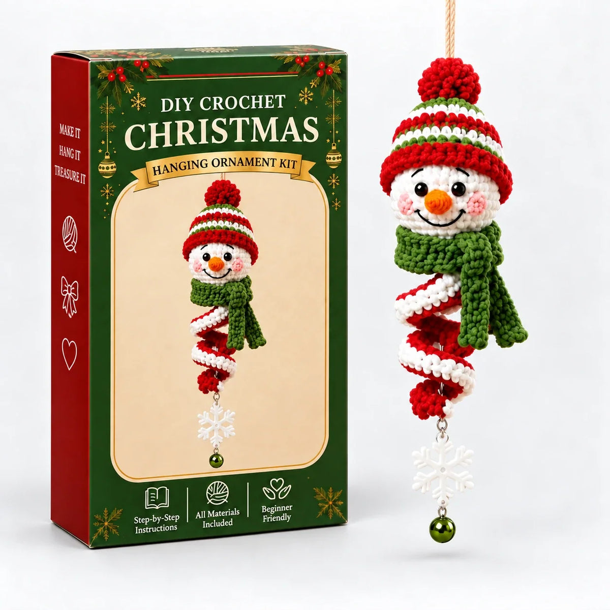 Crochet Snowman Ornament Kit, Red Green Stripe