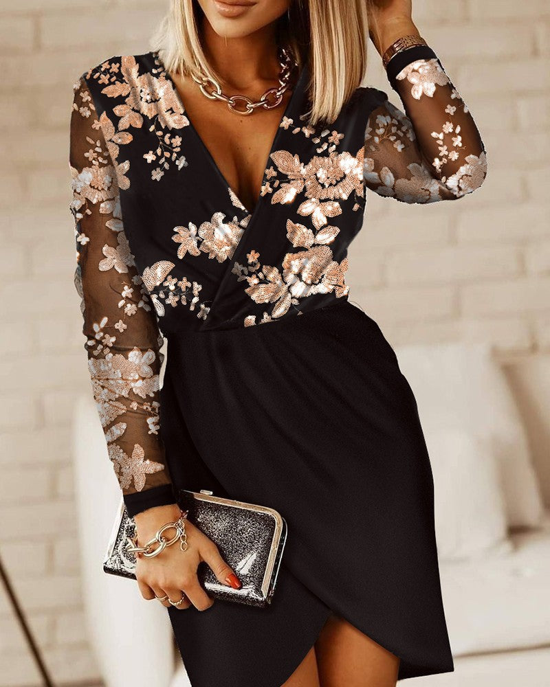 Crossover Neck Sparkle Panel Mini Dress, view 5