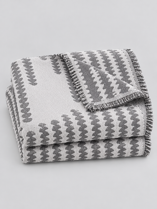 Chenille Couch Cover Throw in grey, folded on a light grey background