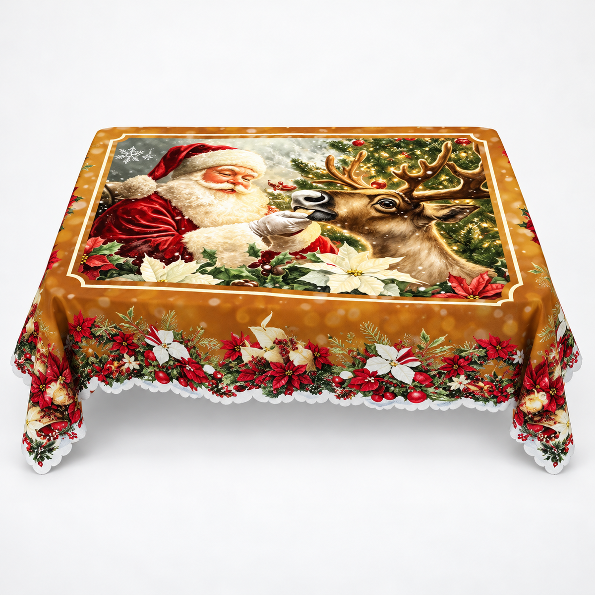 Embossed Edge Christmas Tablecloth, Santa & Reindeer Gold / Rectangular (60" × 86.6")