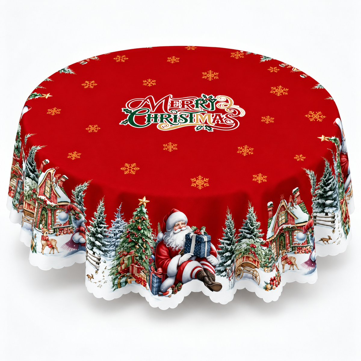 Embossed Edge Christmas Tablecloth, Red Santa Village / Round (60")