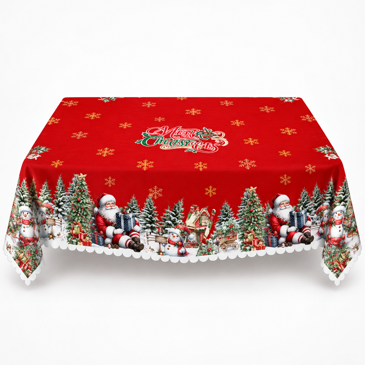 Embossed Edge Christmas Tablecloth, Red Santa Village / Rectangular (60" × 86.6")
