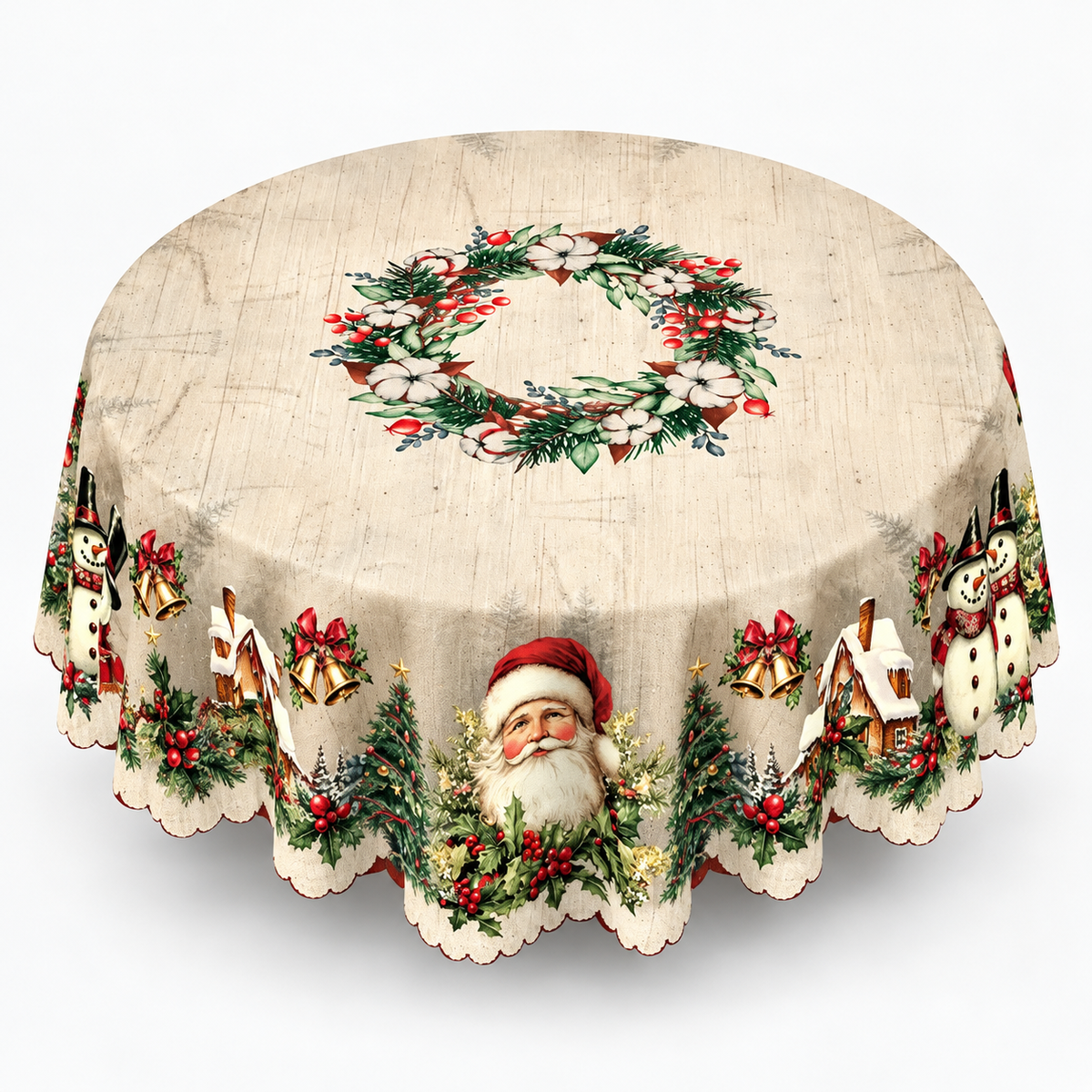 Embossed Edge Christmas Tablecloth, Vintage Santa Wreath / Round (60")