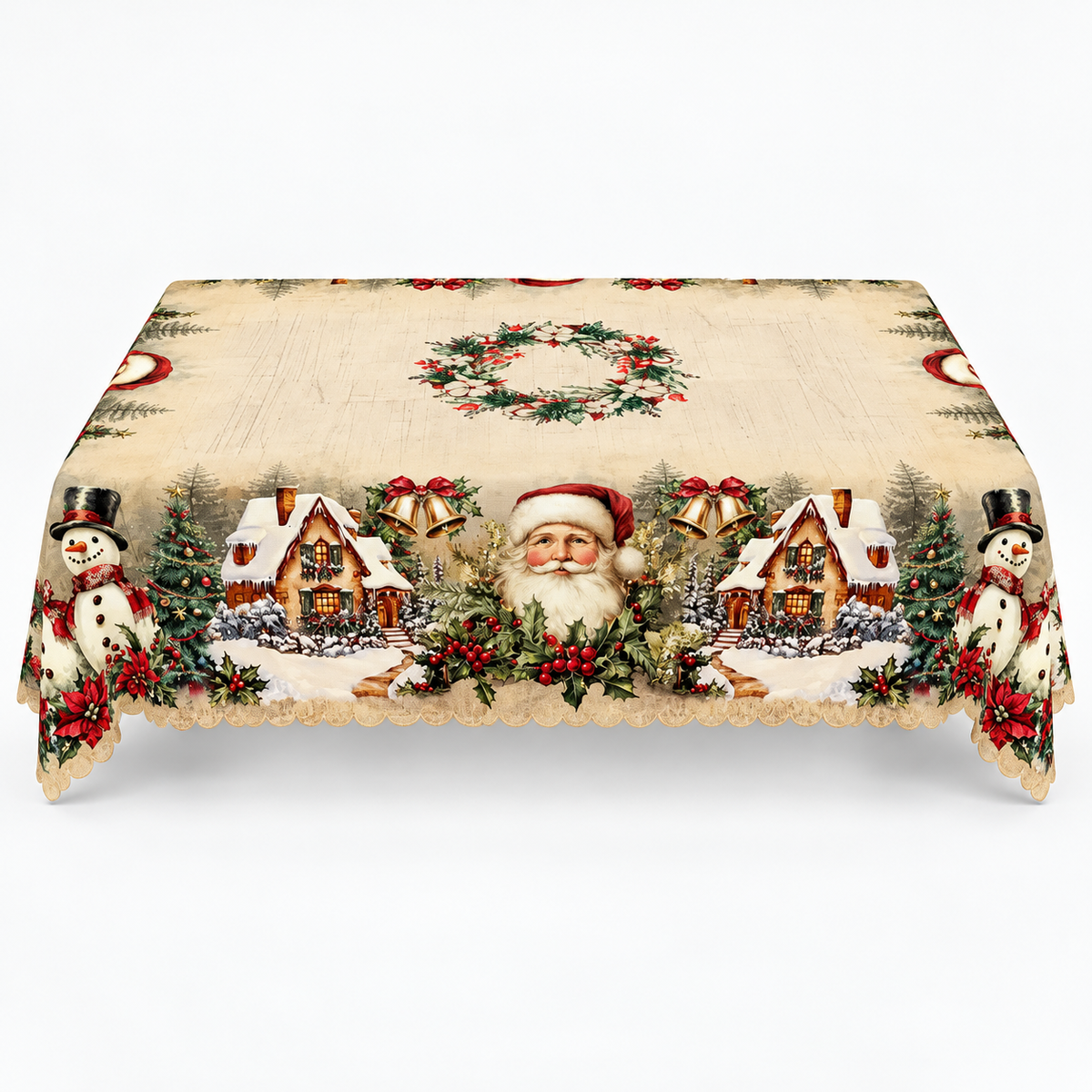 Embossed Edge Christmas Tablecloth, Vintage Santa Wreath / Rectangular (60" × 86.6")