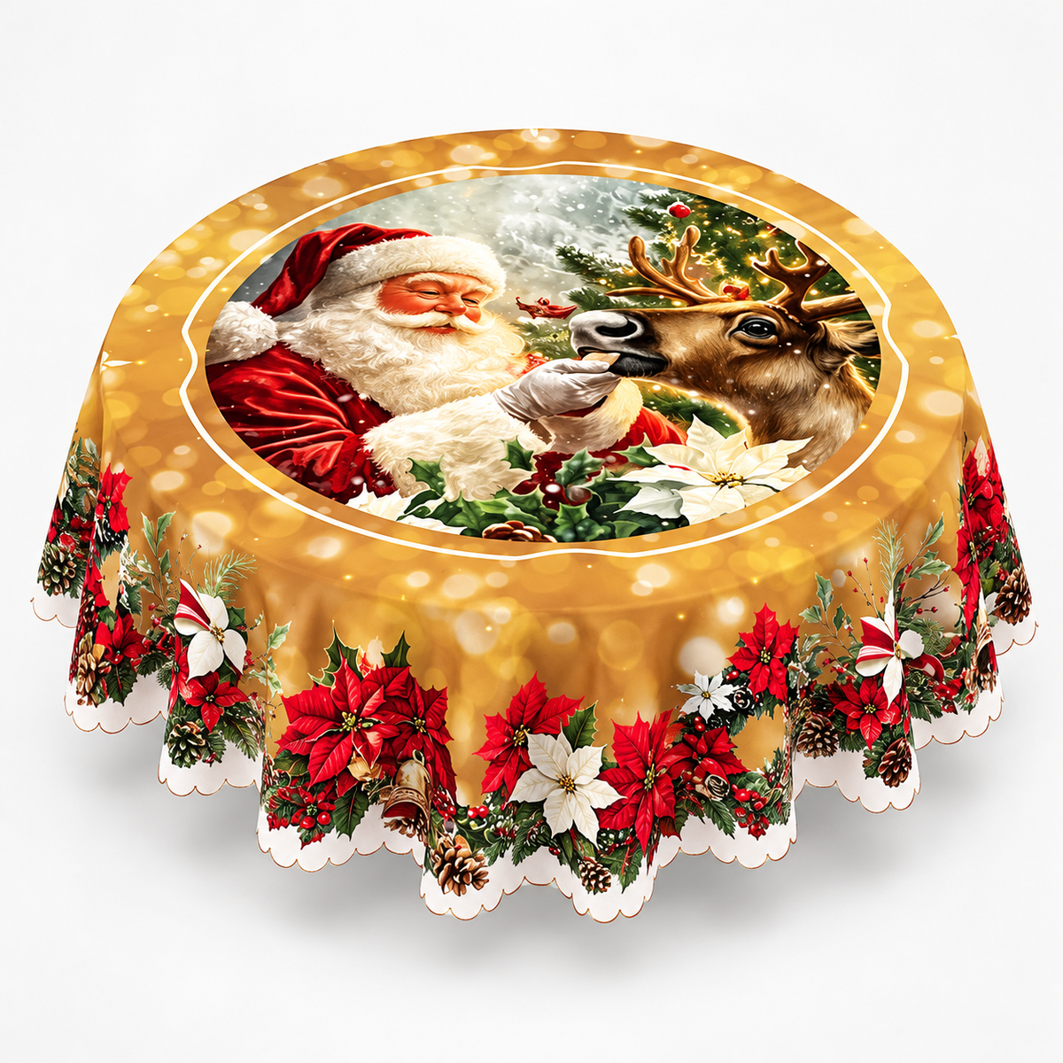 Embossed Edge Christmas Tablecloth, Santa & Reindeer Gold / Round (60")