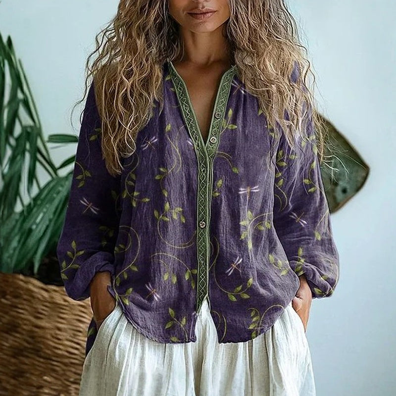 Embroidered Print V Neck Blouse, view 1