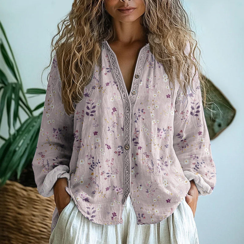 Embroidered Print V Neck Blouse, view 2