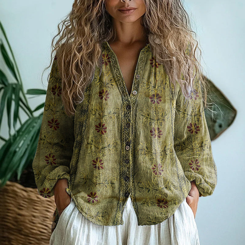 Embroidered Print V Neck Blouse, view 3