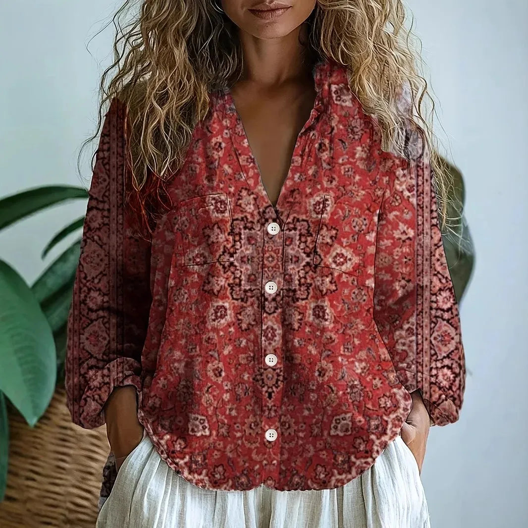 Embroidered Print V Neck Blouse, view 6