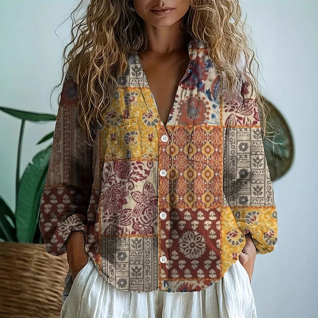 Embroidered Print V Neck Blouse, view 7