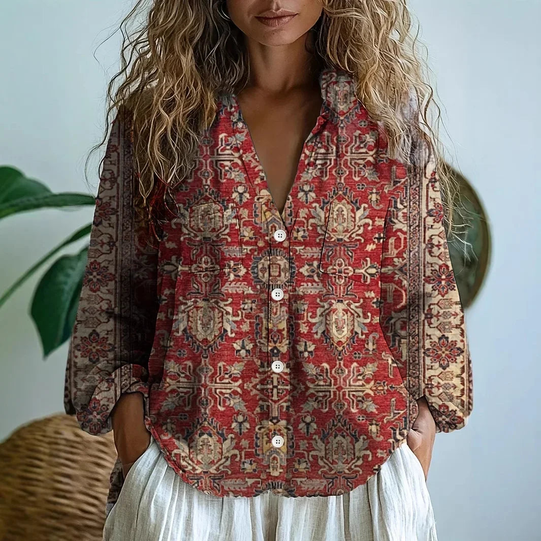 Embroidered Print V Neck Blouse, view 8