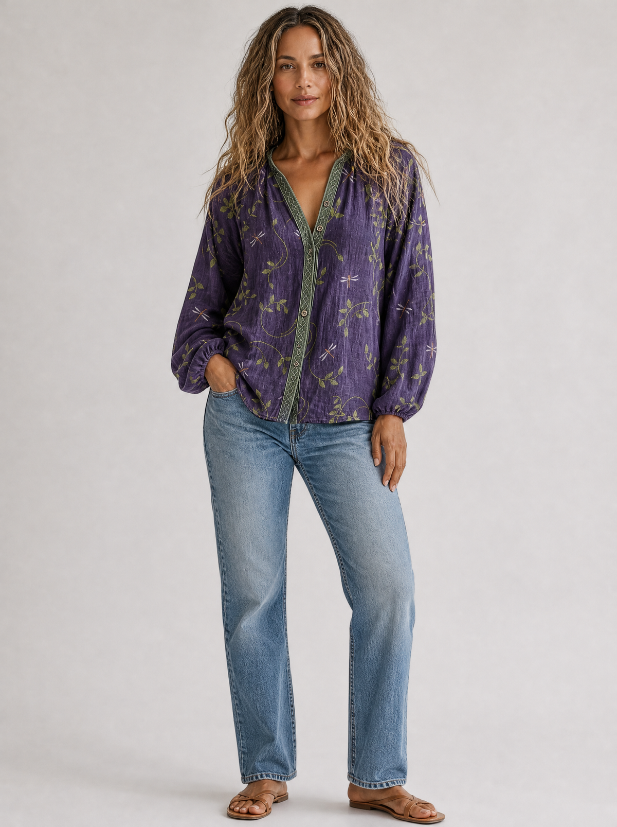 Embroidered Print V Neck Blouse, main photo