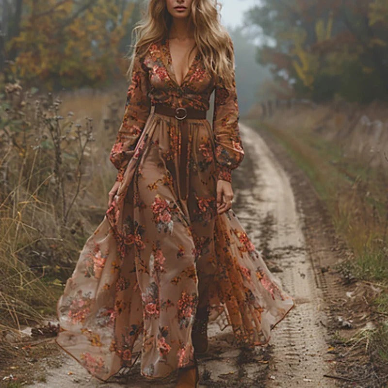 Embroidered Chiffon Maxi Dress in brown