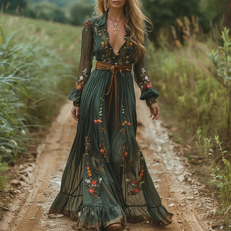 Embroidered Chiffon Maxi Dress in green