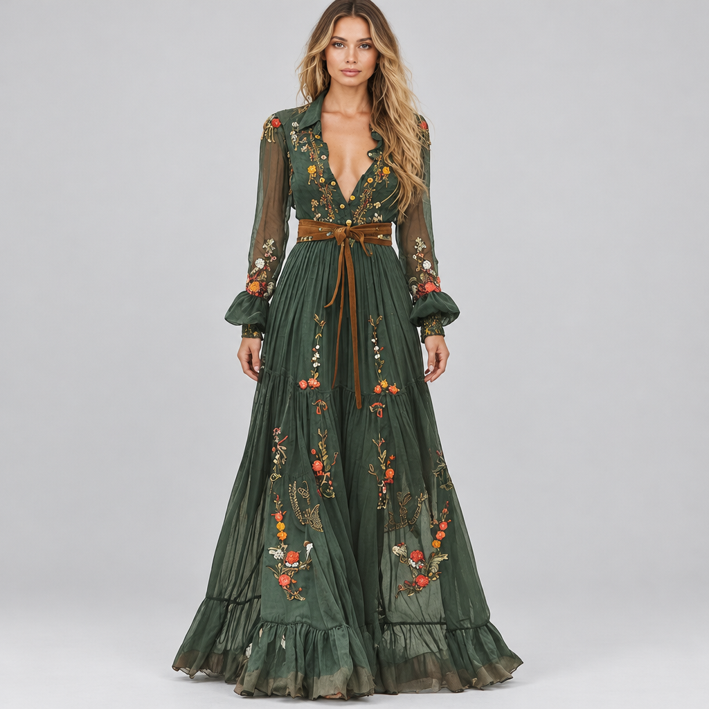 Embroidered Chiffon Maxi Dress, product photo on a light grey background