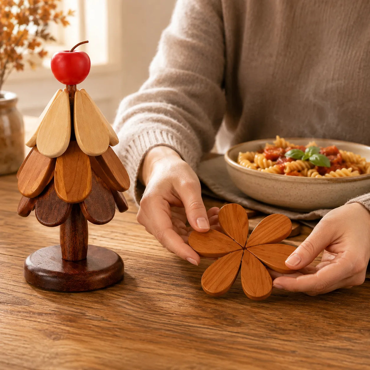 Folding Wooden Christmas Tree Trivet Set, view 2