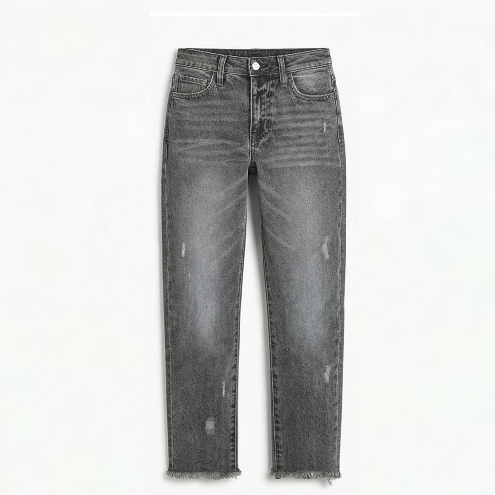 Fringed Hem Straight Jeans in classic blue