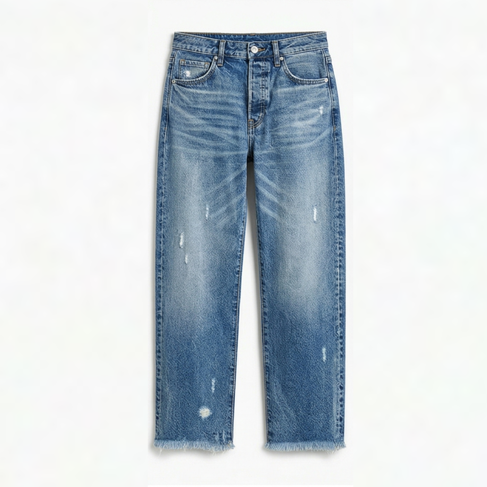 Fringed Hem Straight Jeans in light blue