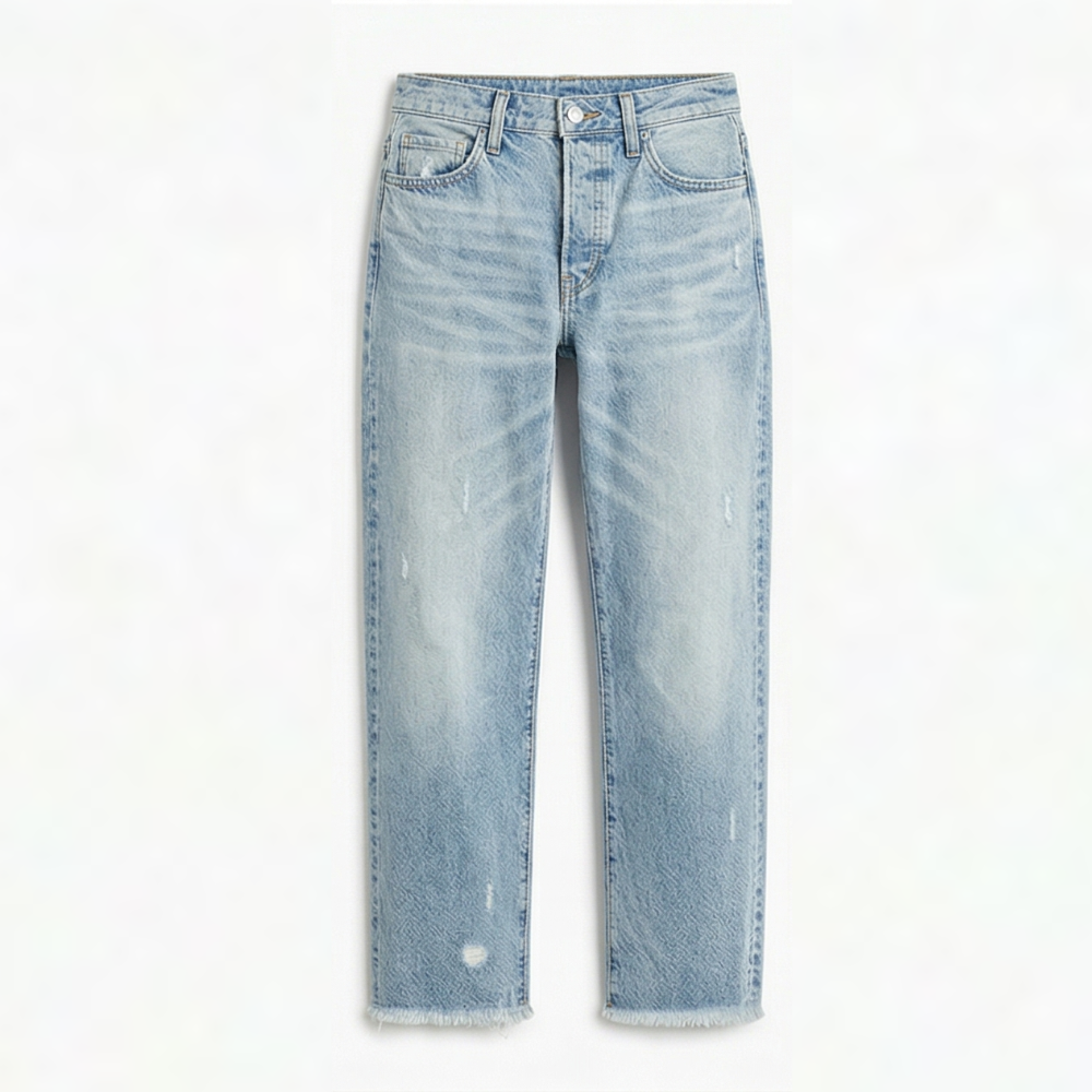 Fringed Hem Straight Jeans in medium blue
