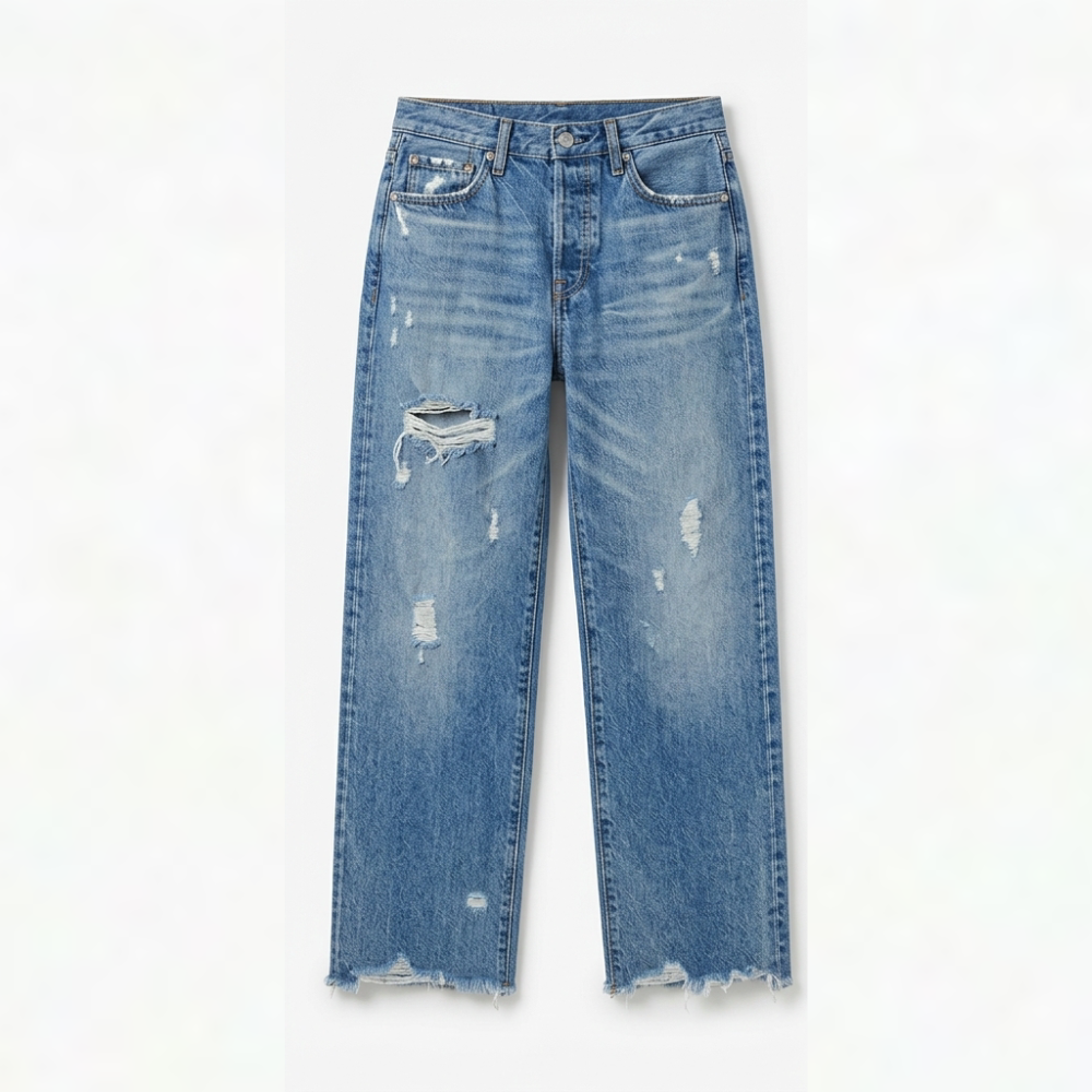 Fringed Hem Straight Jeans in vintage blue
