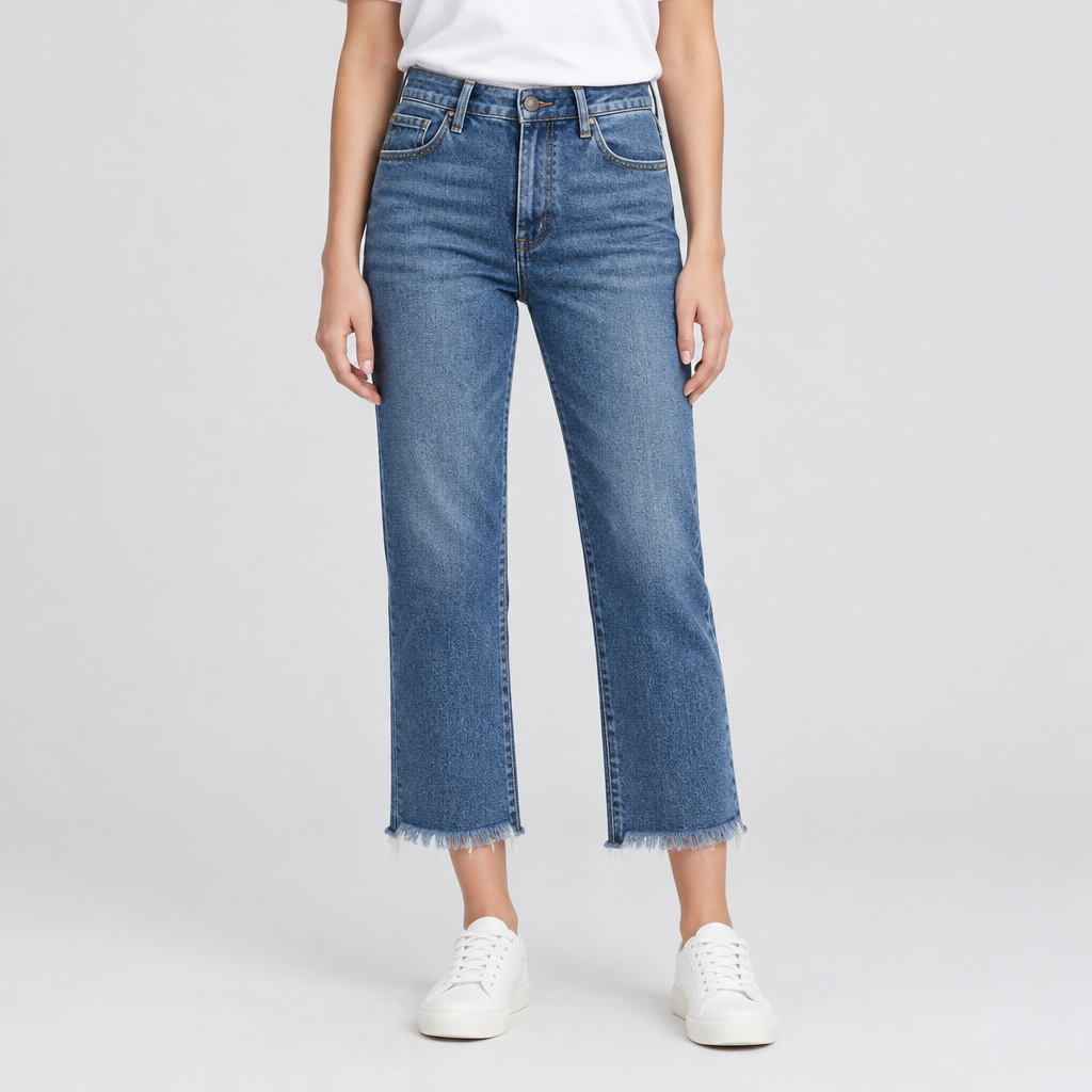 Fringed Hem Straight Jeans, product photo on a light grey background