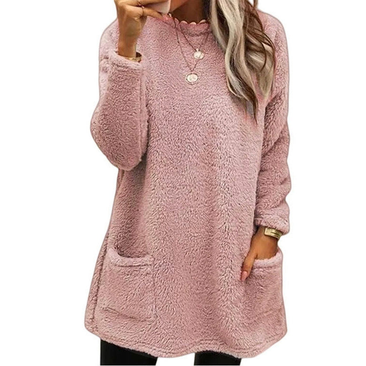 Fuzzy Crew Neck Pocket Pullover, view 2