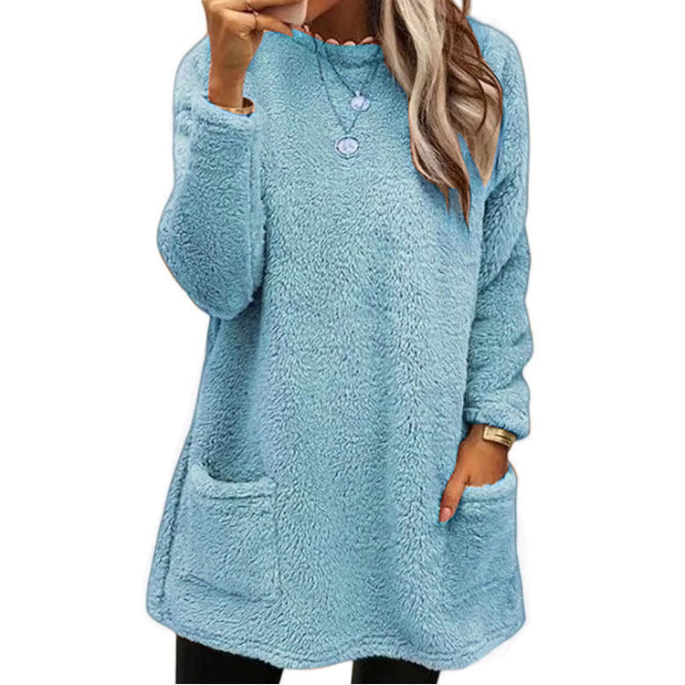 Fuzzy Crew Neck Pocket Pullover, view 3