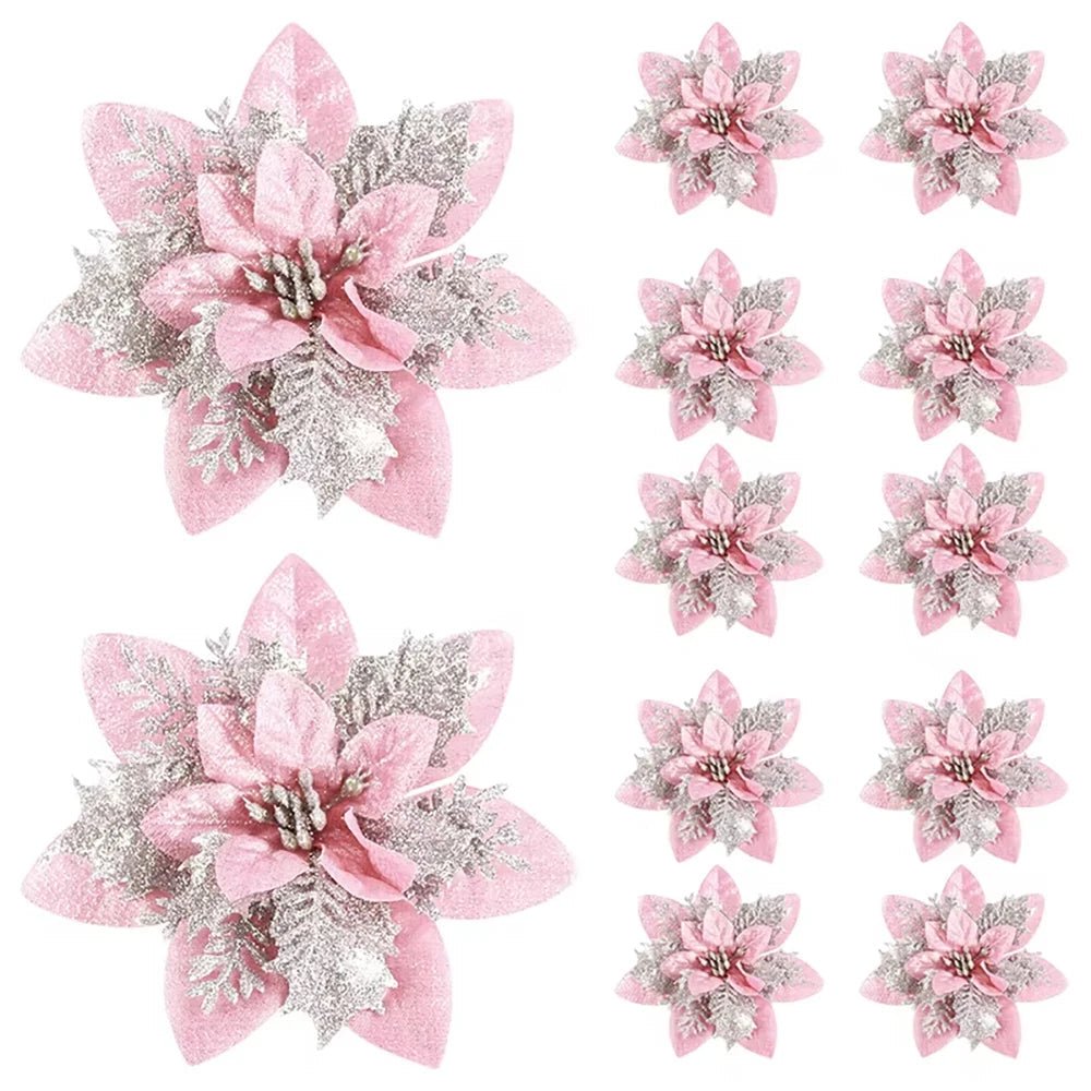 Glitter Christmas Poinsettia Picks, Pink