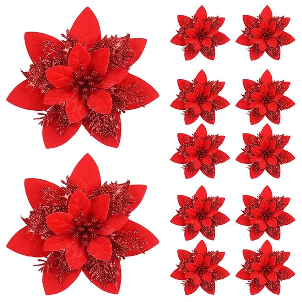 Glitter Christmas Poinsettia Picks, Red