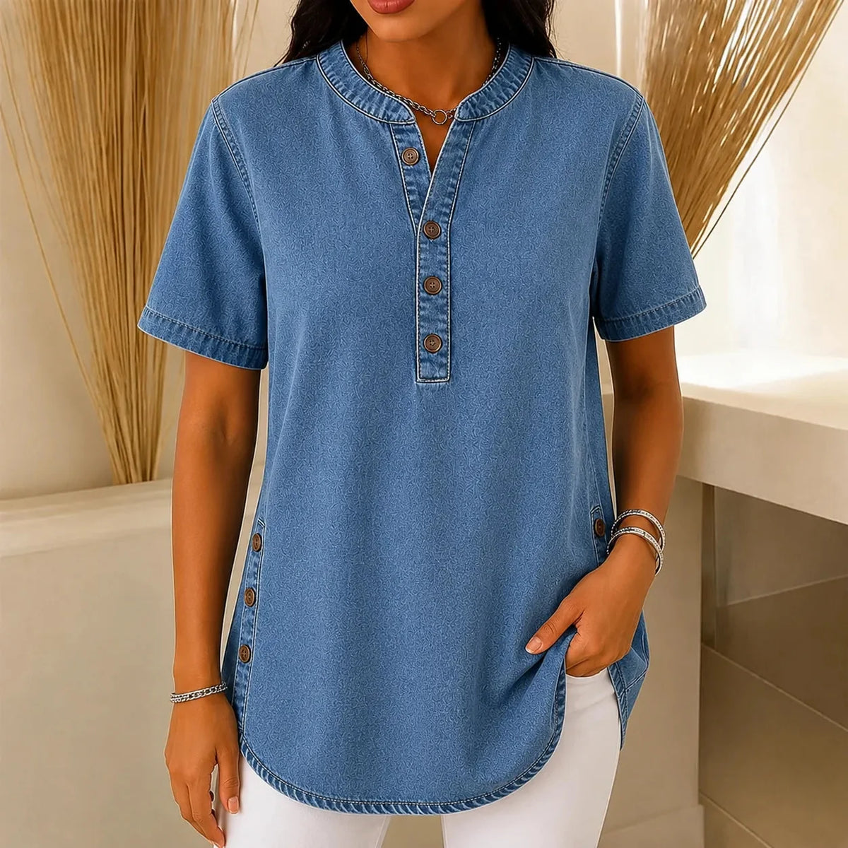 Henley Tunic Top in medium blue denim