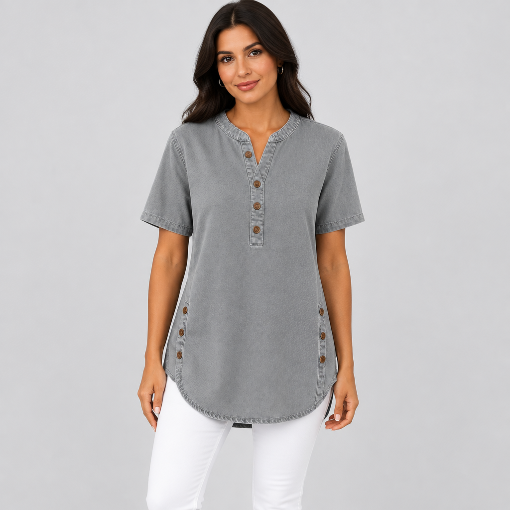 Henley Tunic Top, product photo on a light grey background