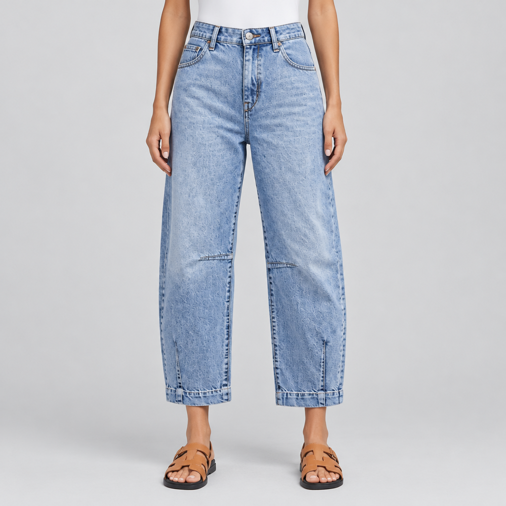Cropped Barrel Jeans, product photo on a light grey background