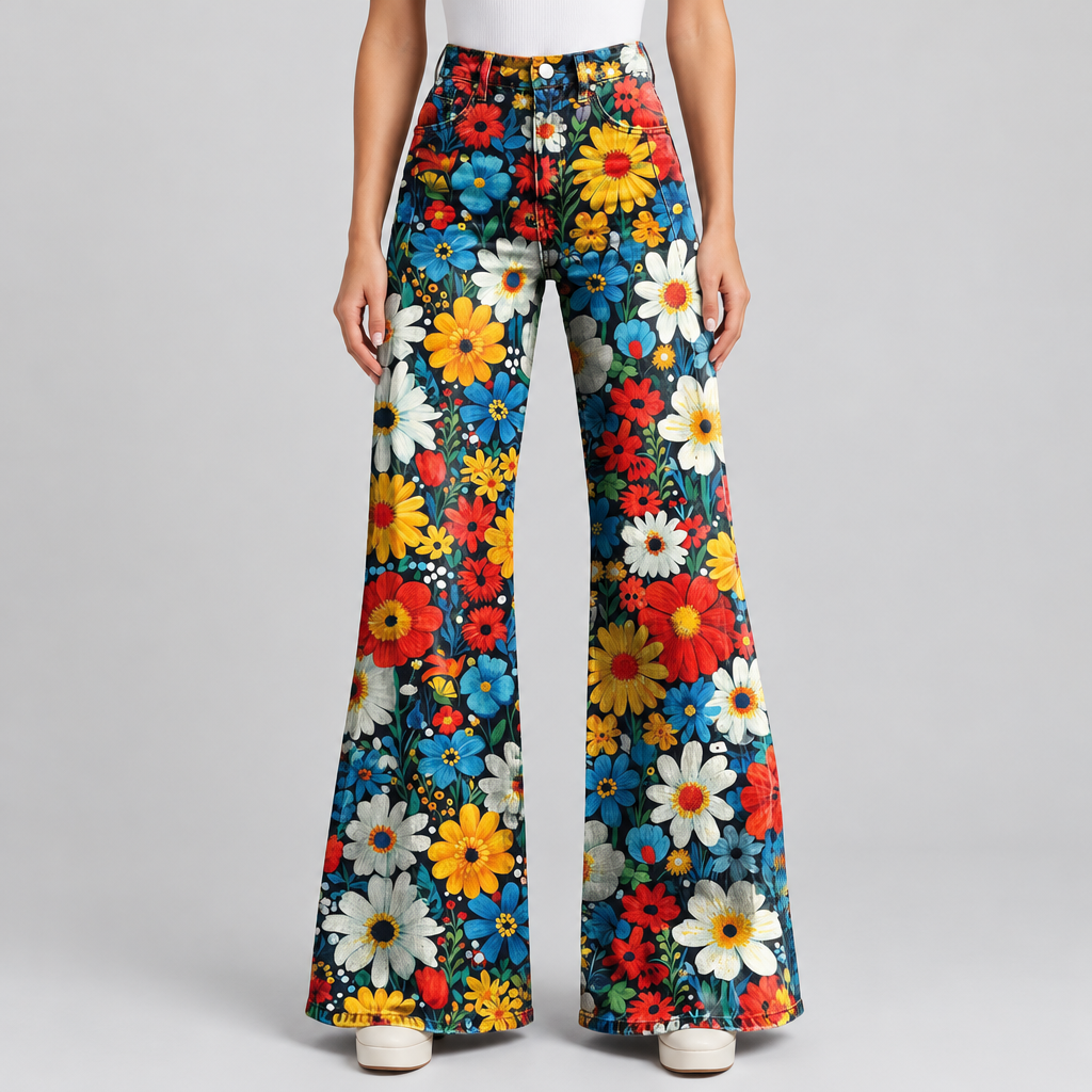 Floral Bell Bottom Pants, product photo on a light grey background