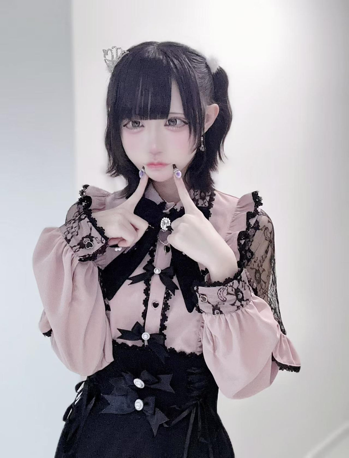 Lace Cut Out Shoulder Bow Blouse, view 2
