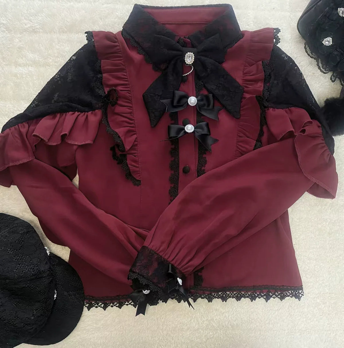 Lace Cut Out Shoulder Bow Blouse, view 8